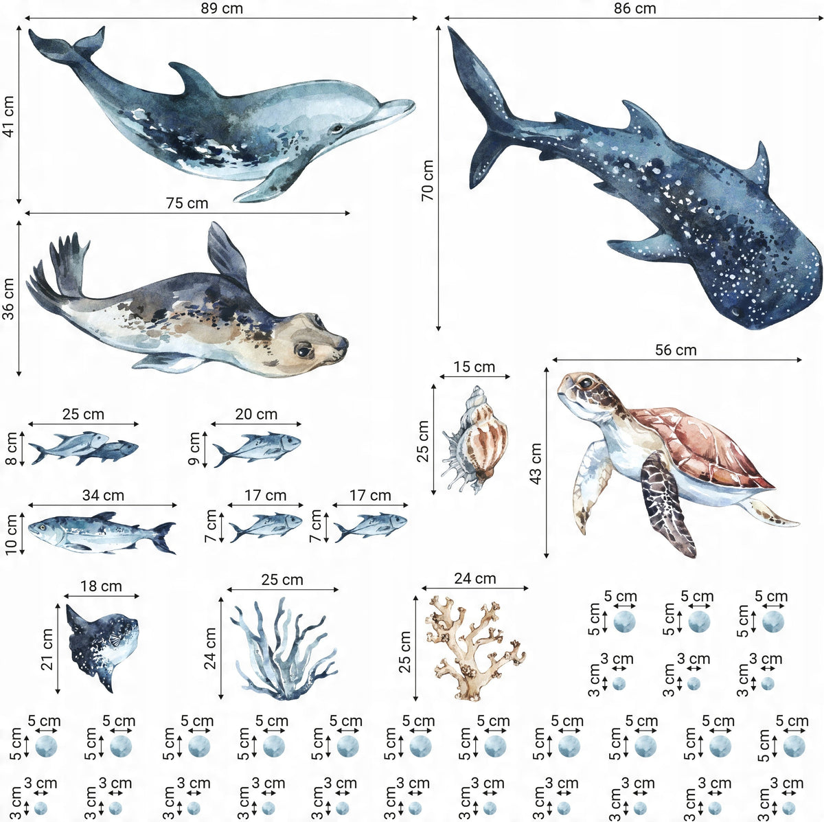 Sea Animals Variety Decal Set - Ocean Theme - Watercolour effect Dolphin, Shark, Turtle &amp; Seal + more