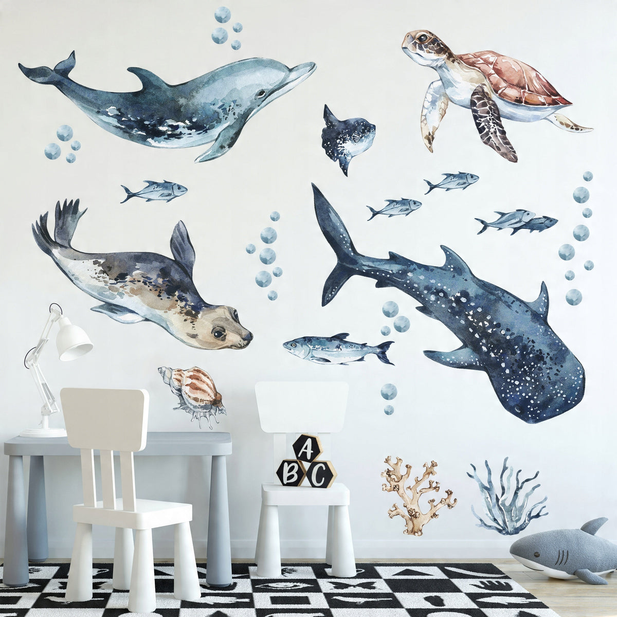 Sea Animals Variety Decal Set - Ocean Theme - Watercolour effect Dolphin, Shark, Turtle &amp; Seal + more
