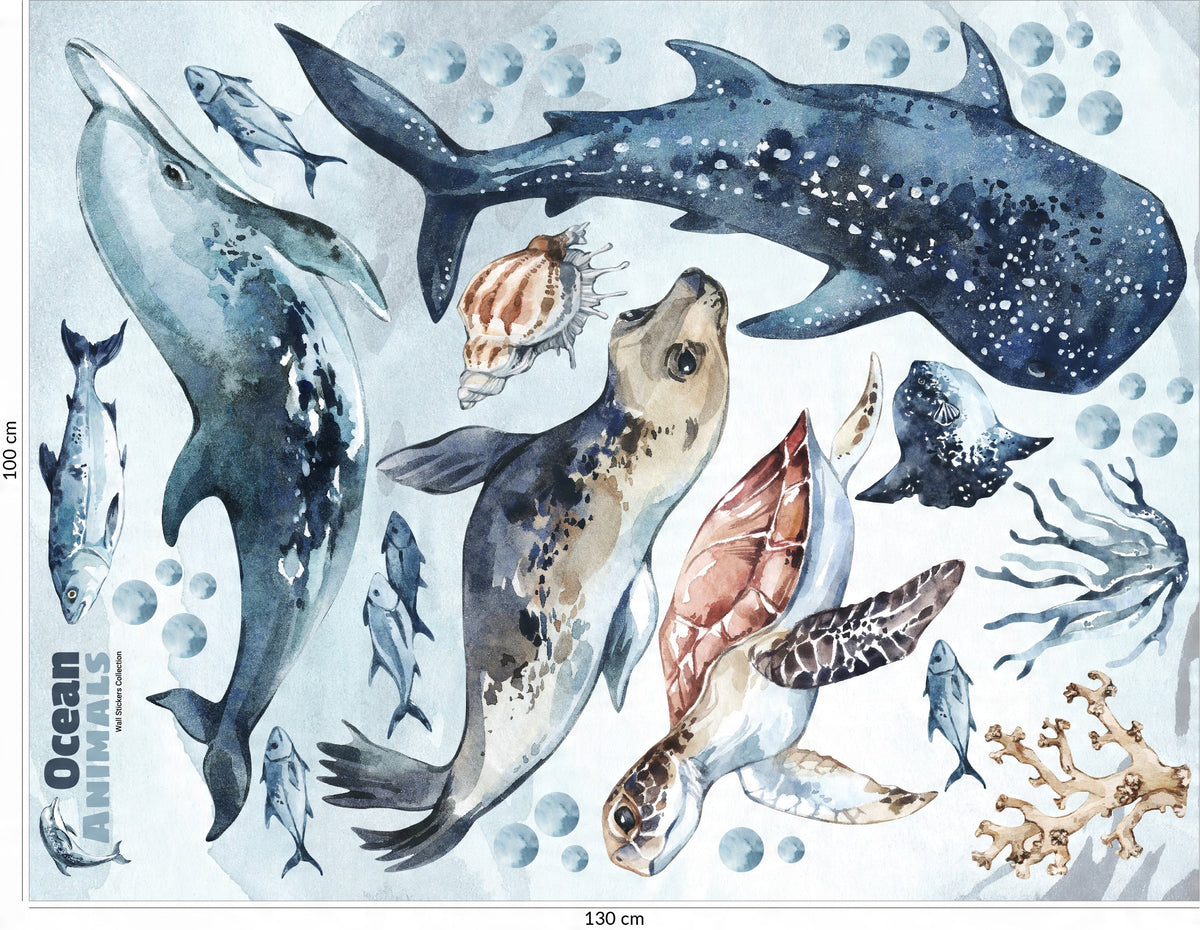 Sea Animals Variety Decal Set - Ocean Theme - Watercolour effect Dolphin, Shark, Turtle &amp; Seal + more