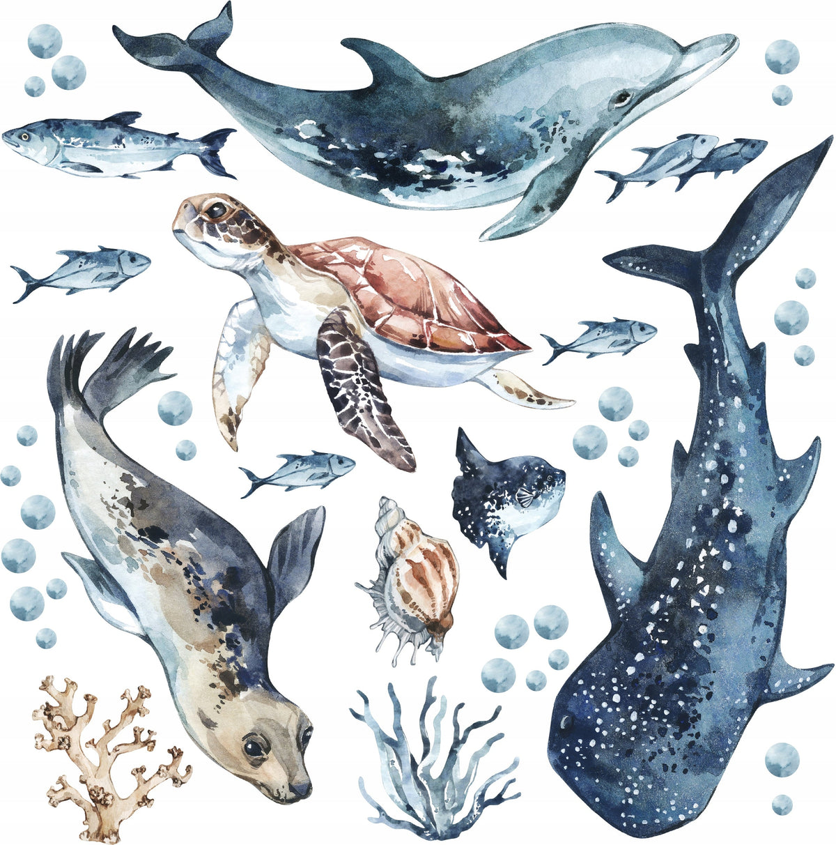 Sea Animals Variety Decal Set - Ocean Theme - Watercolour effect Dolphin, Shark, Turtle &amp; Seal + more