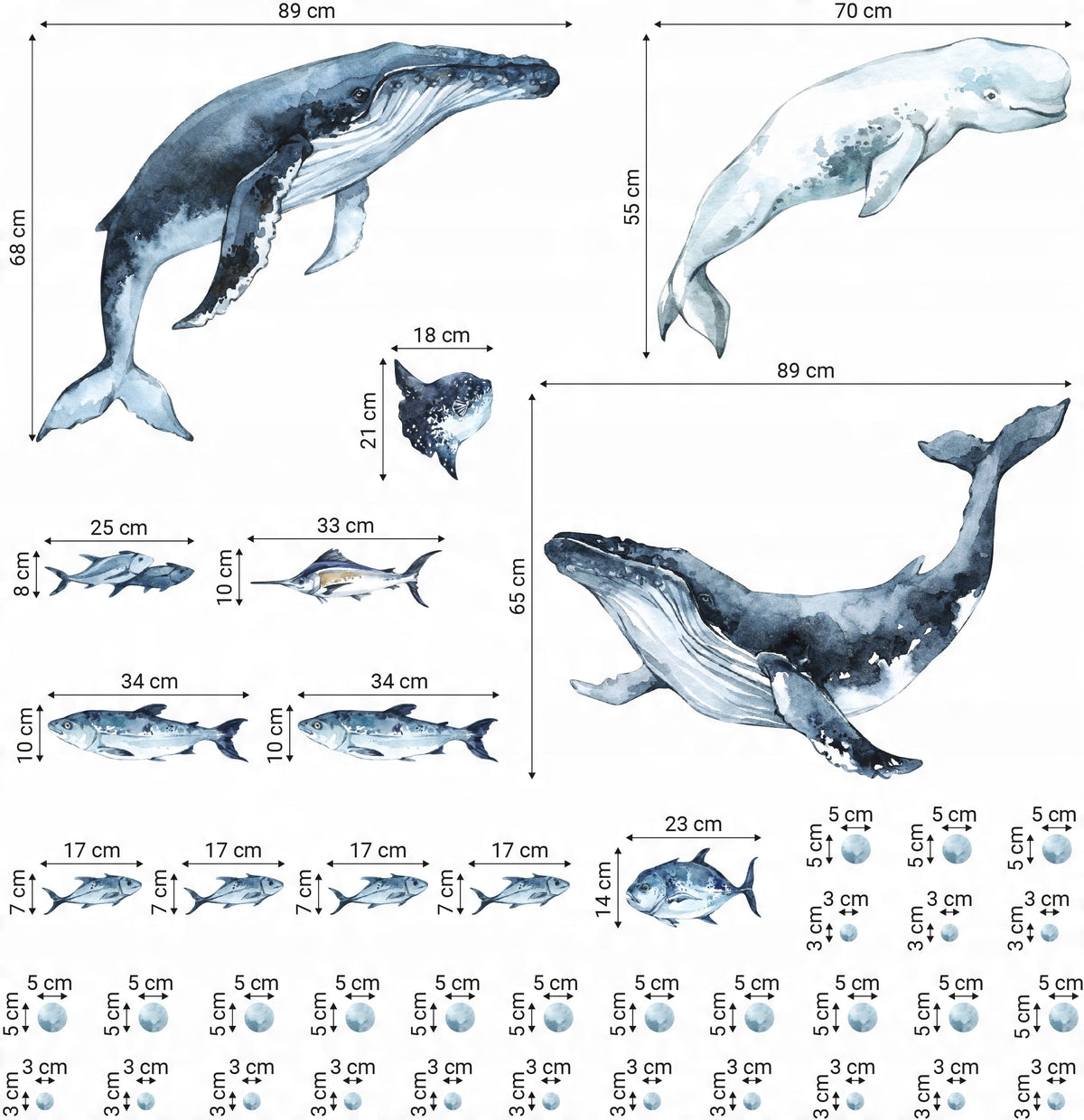 Whales &amp; Fishes Decal Set - Ocean theme - Watercolour effect wall stickers