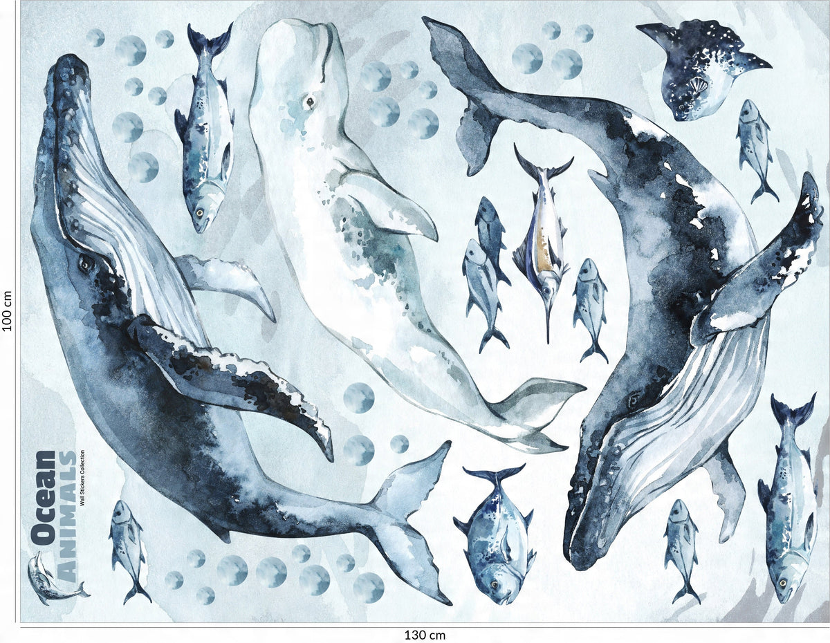 Whales &amp; Fishes Decal Set - Ocean theme - Watercolour effect wall stickers