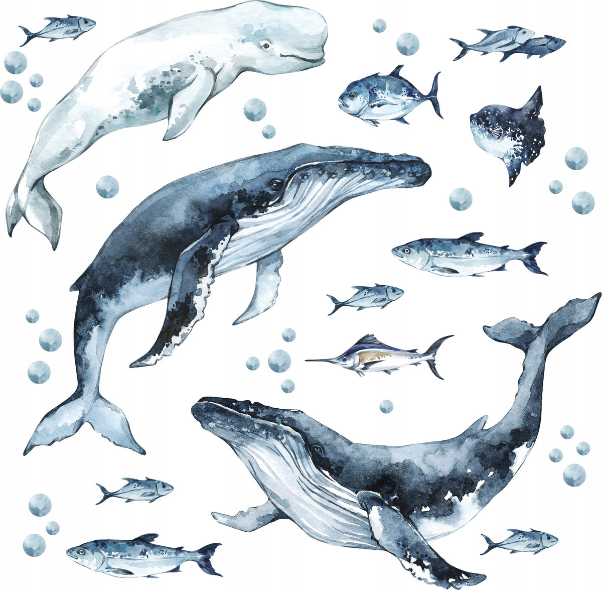 Whales &amp; Fishes Decal Set - Ocean theme - Watercolour effect wall stickers