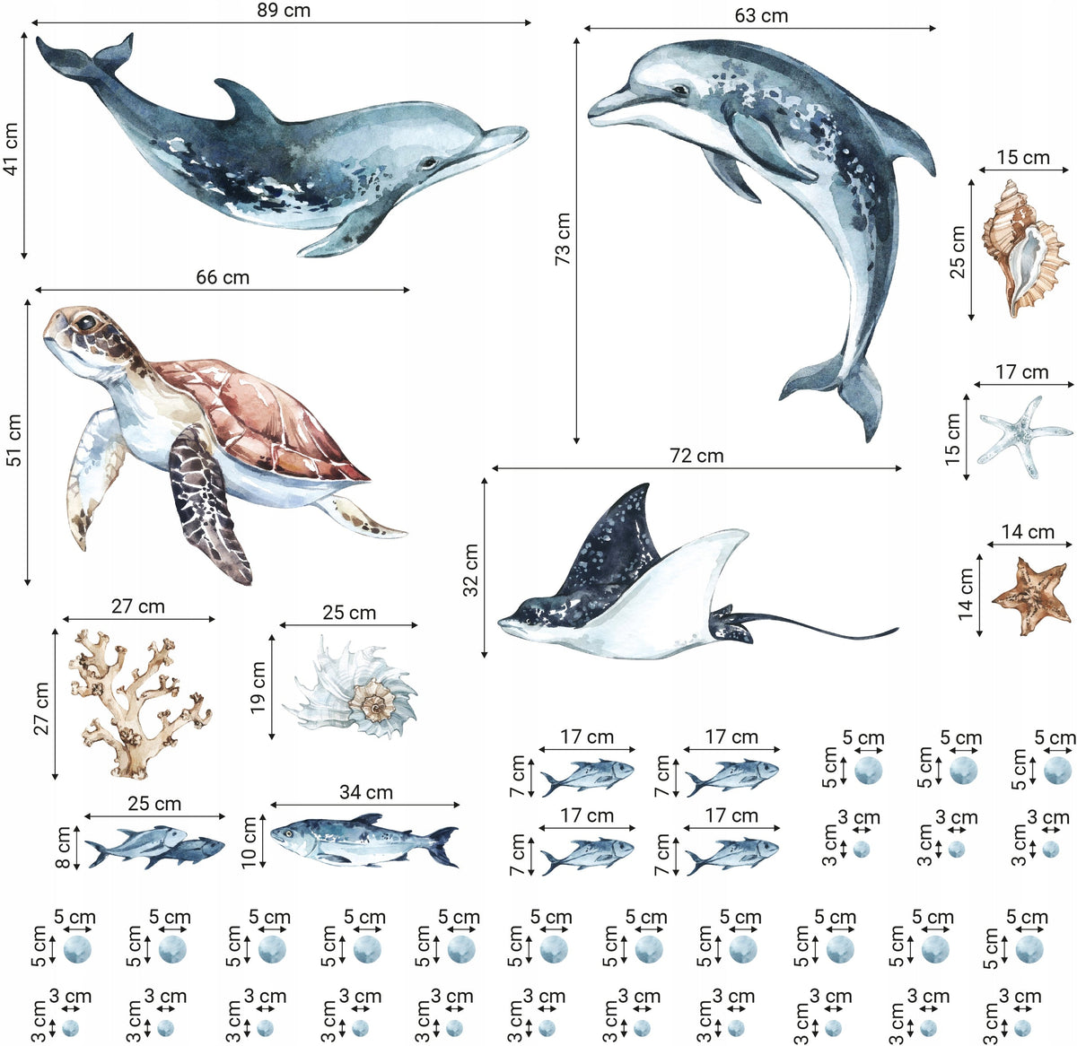 Dolphins &amp; Turtle Decal Set - Ocean Theme - Watercolour Effect Stickers