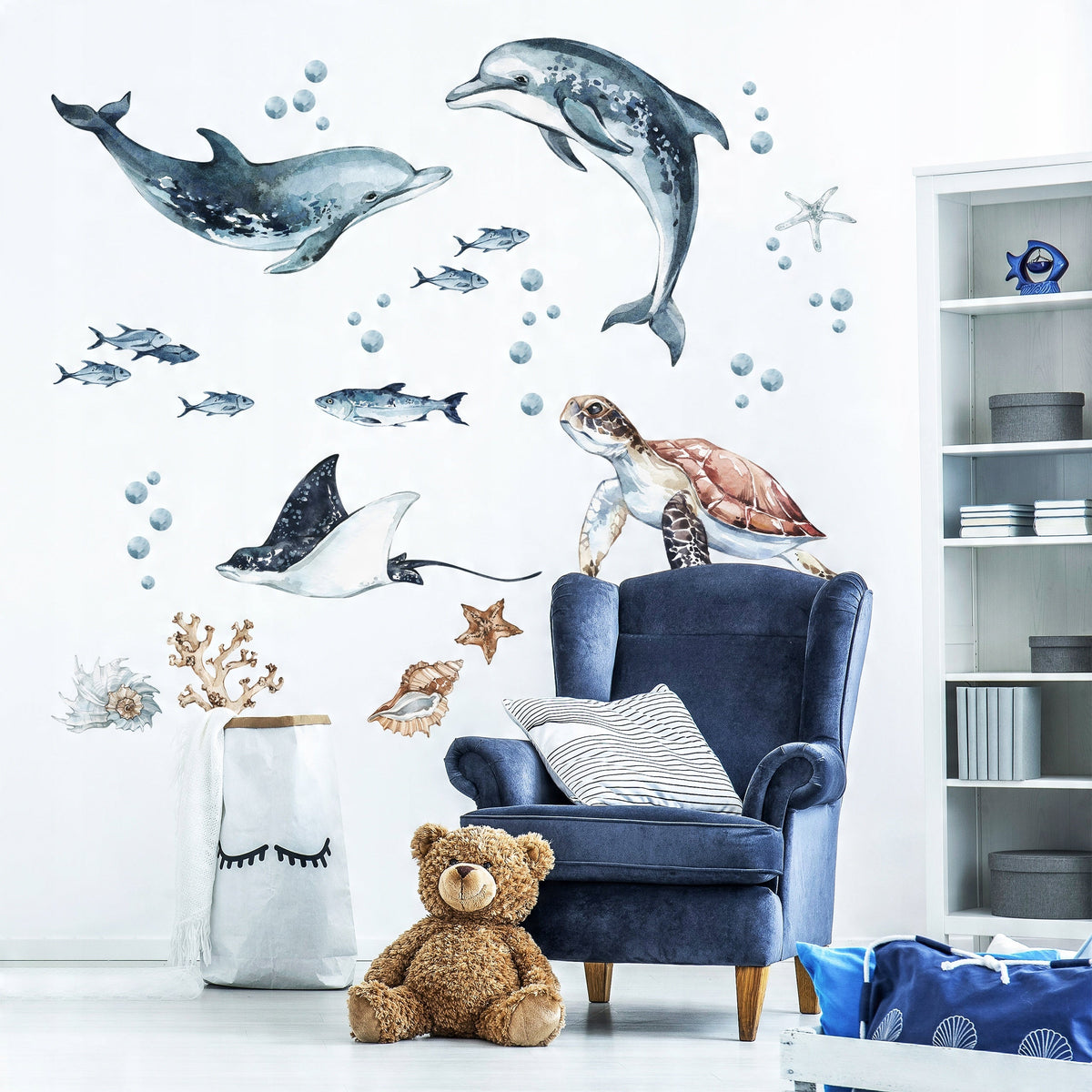 Dolphins &amp; Turtle Decal Set - Ocean Theme - Watercolour Effect Stickers