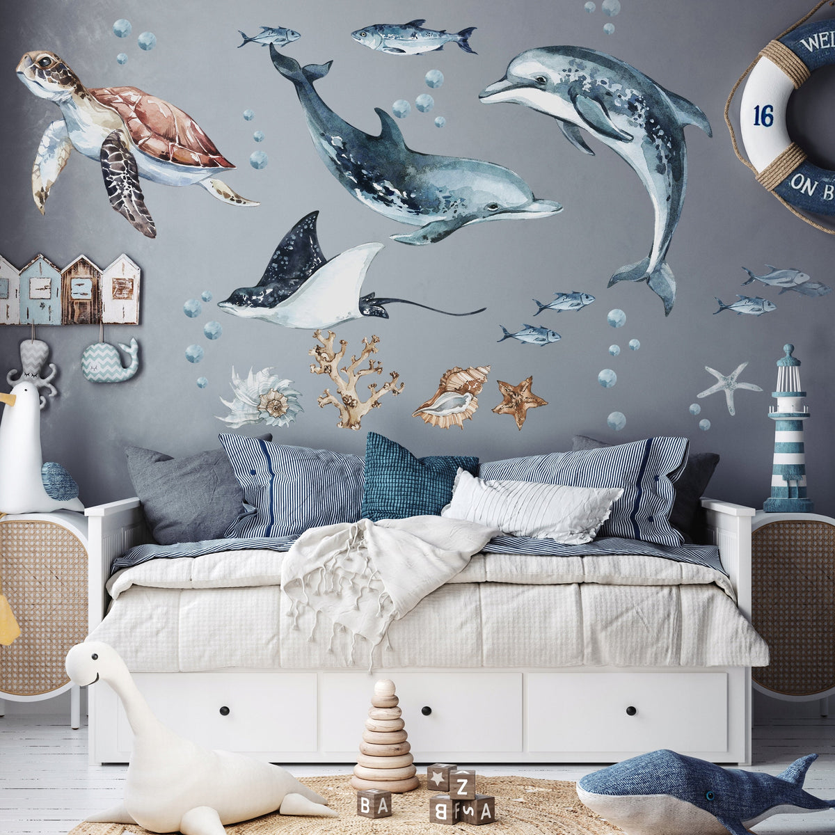 Dolphins &amp; Turtle Decal Set - Ocean Theme - Watercolour Effect Stickers