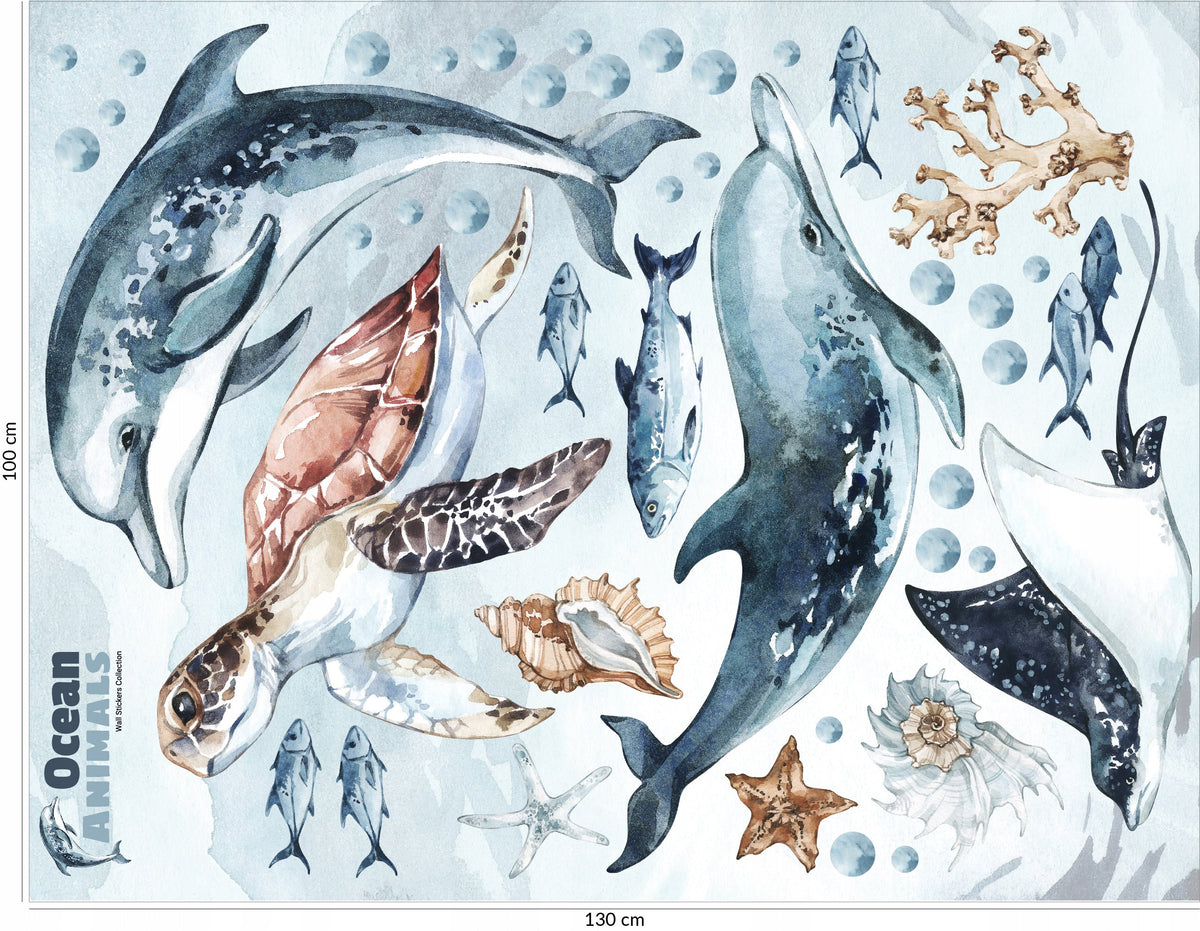Dolphins &amp; Turtle Decal Set - Ocean Theme - Watercolour Effect Stickers