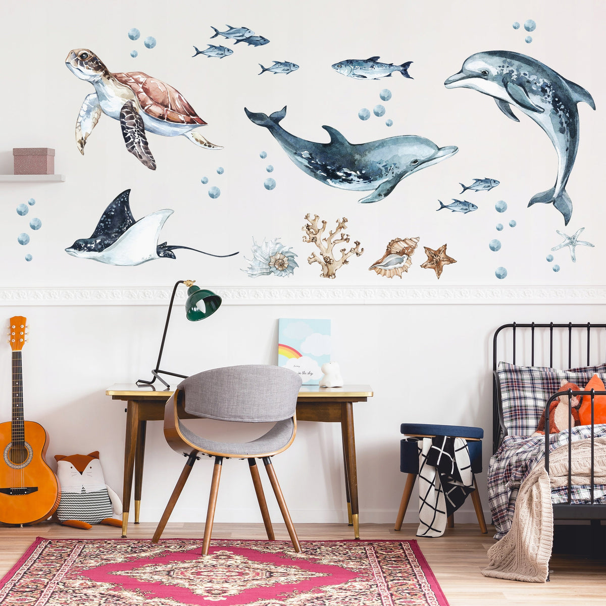 Dolphins &amp; Turtle Decal Set - Ocean Theme - Watercolour Effect Stickers