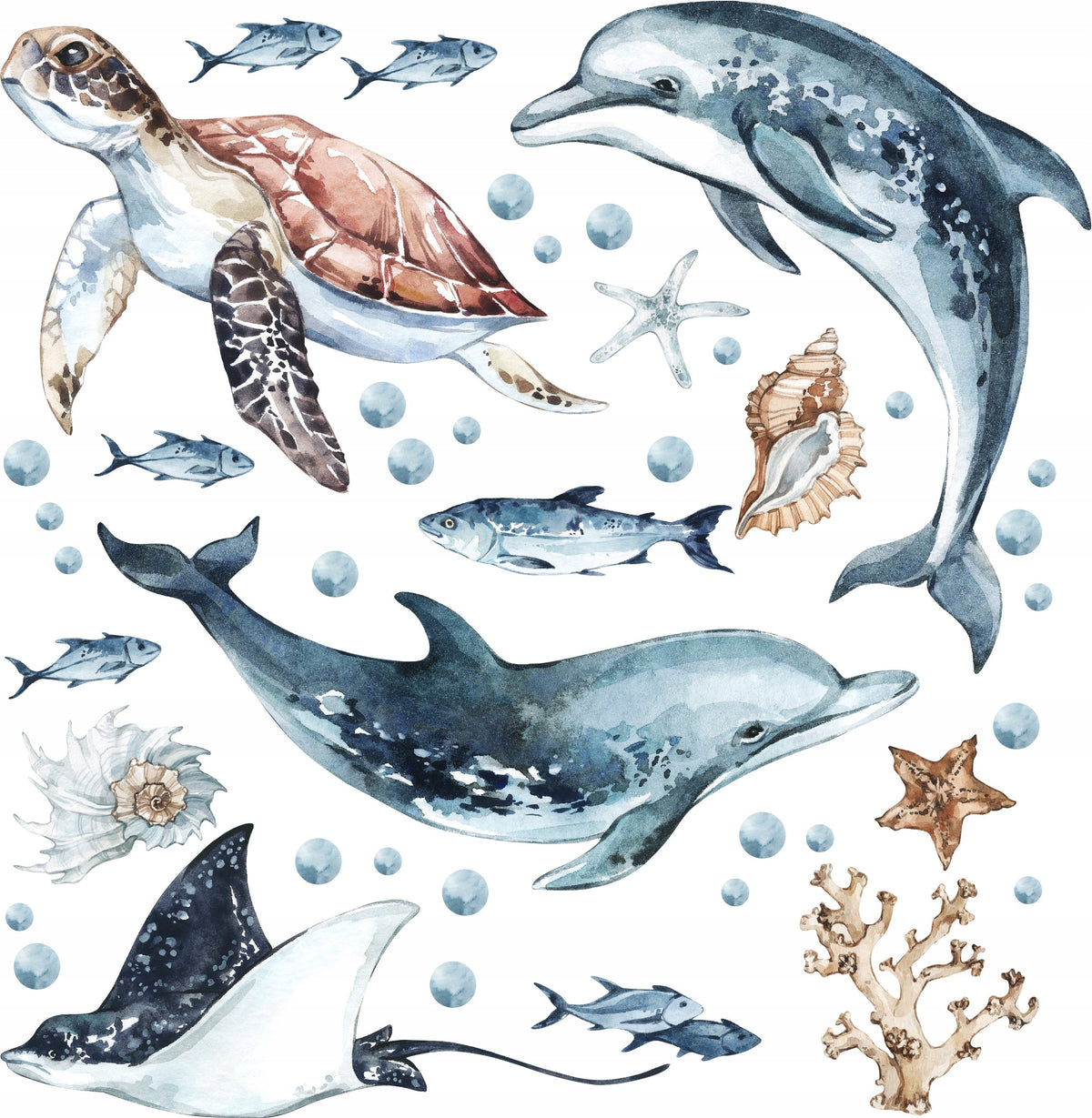 Dolphins &amp; Turtle Decal Set - Ocean Theme - Watercolour Effect Stickers