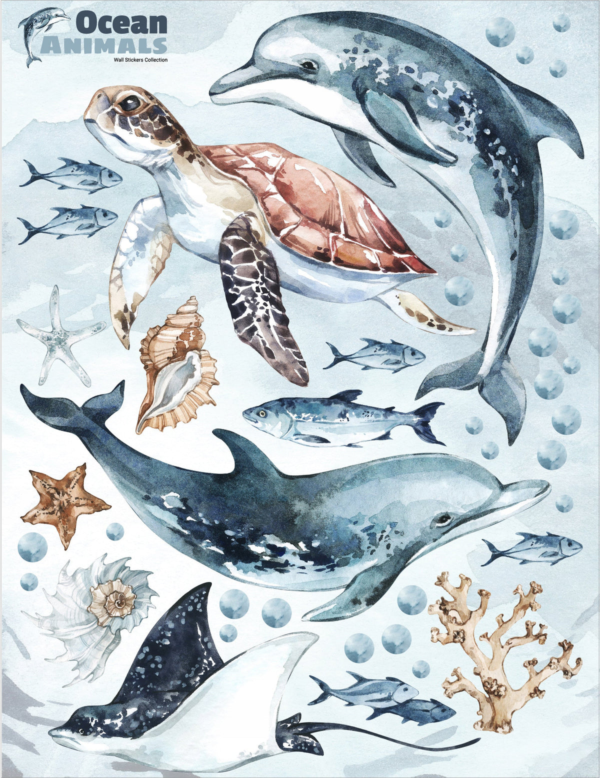 Dolphins &amp; Turtle Decal Set - Ocean Theme - Watercolour Effect Stickers