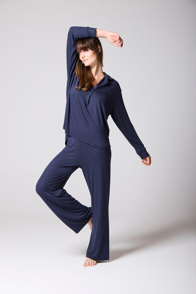 Navy Ribbed Modal Hero shirt and Wide-leg Jogger PJ Set