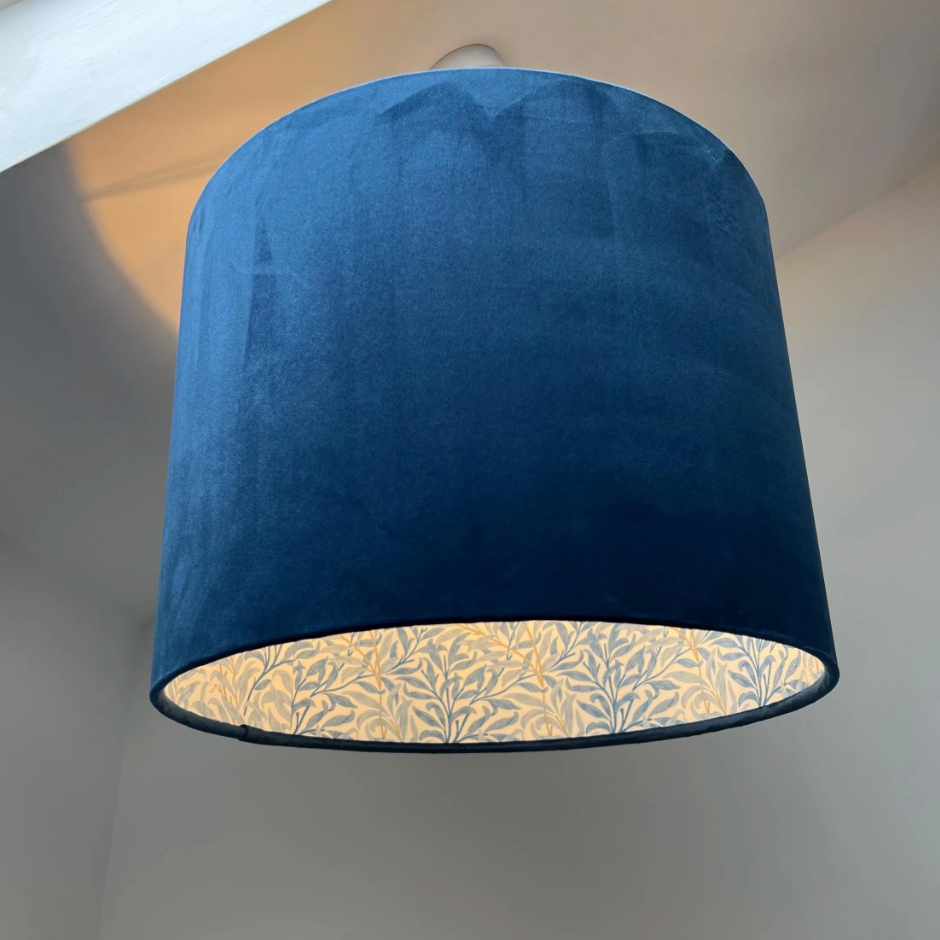 Navy Velvet &amp; William Morris Blue Willow Leaves Double Sided Drum Lampshade | Handmade Ceiling Light Shade | Bespoke UK