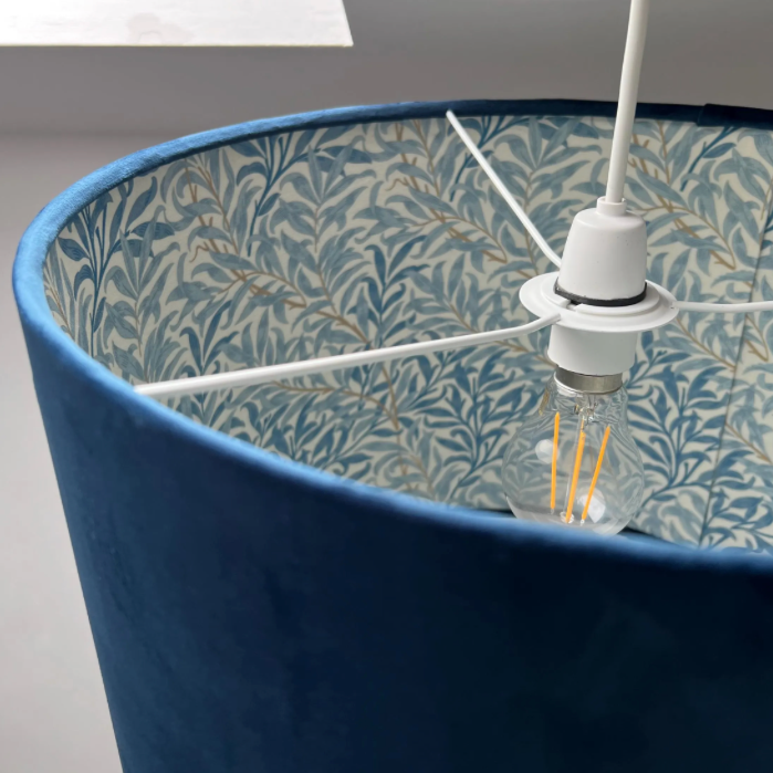 Navy Velvet &amp; William Morris Blue Willow Leaves Double Sided Drum Lampshade | Handmade Ceiling Light Shade | Bespoke UK