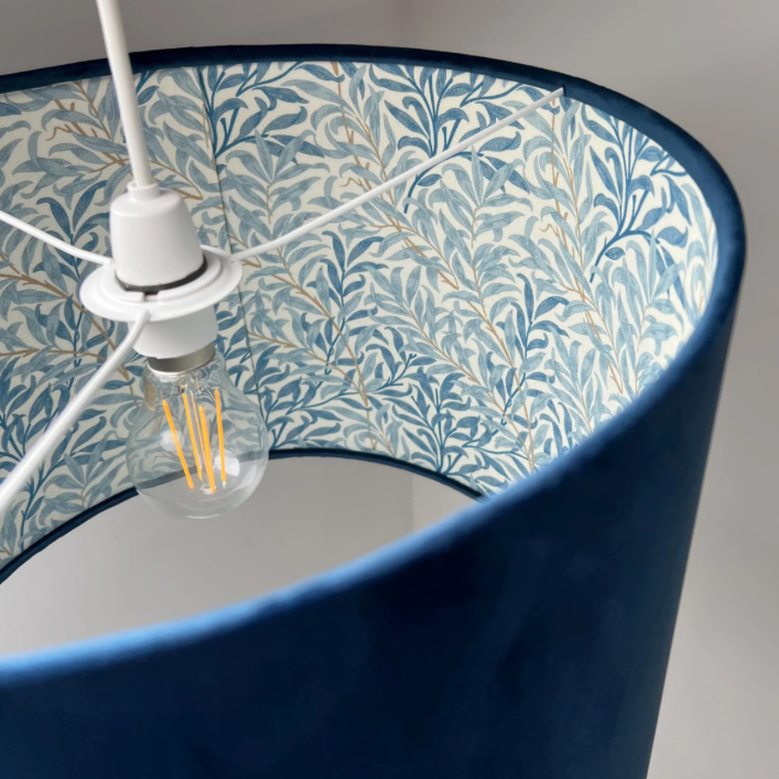 Navy Velvet &amp; William Morris Blue Willow Leaves Double Sided Drum Lampshade | Handmade Ceiling Light Shade | Bespoke UK