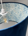 Navy Velvet & William Morris Blue Willow Leaves Double Sided Drum Lampshade | Handmade Ceiling Light Shade | Bespoke UK