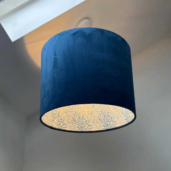 Navy Velvet &amp; William Morris Blue Willow Leaves Double Sided Drum Lampshade | Handmade Ceiling Light Shade | Bespoke UK