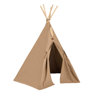 Premium fawn canvas teepee play tent with pinewood frame and Indian wooden feathers, matching oasis cotton twill beanbag by Ella James at brixbailey.com