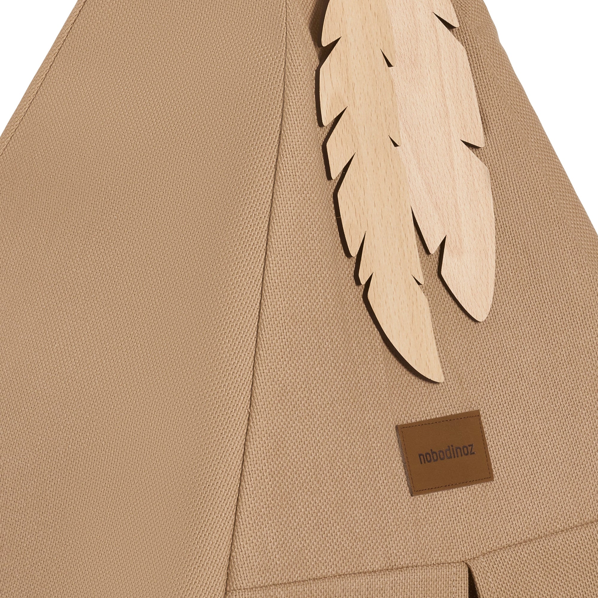 Premium fawn teepee play tent with canvas and pinewood, natural Indian wooden feathers, matching oasis beanbag by Ella James at brixbailey.com