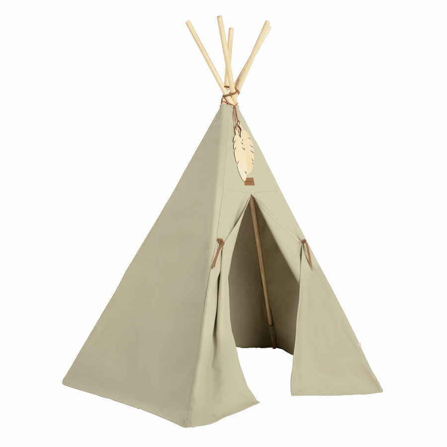 Premium Laurel Green Canvas Teepee with Pinewood Frame and Wooden Feathers, Stylish Kids Play Tent for Bedroom or Playroom by Ella James at brixbailey.com