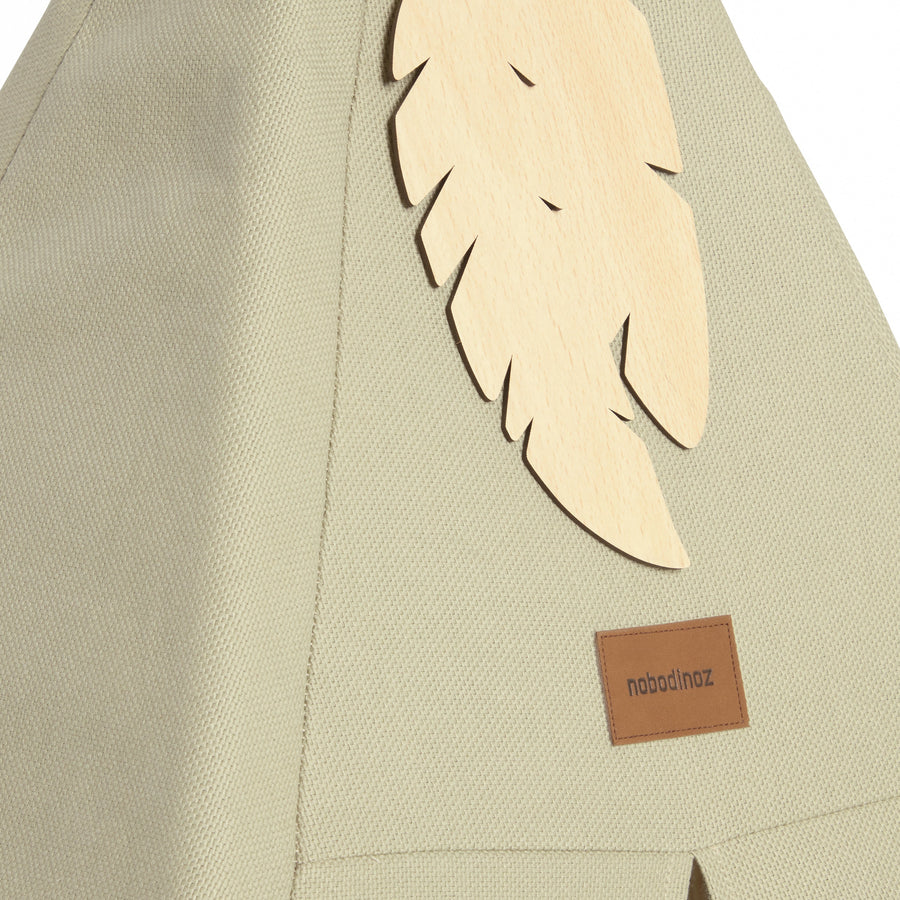 Premium Laurel Green Canvas Teepee with Pinewood Frame and Natural Wooden Feathers, Stylish Play Tent for Kids Bedroom or Playroom by Ella James at brixbailey.com
