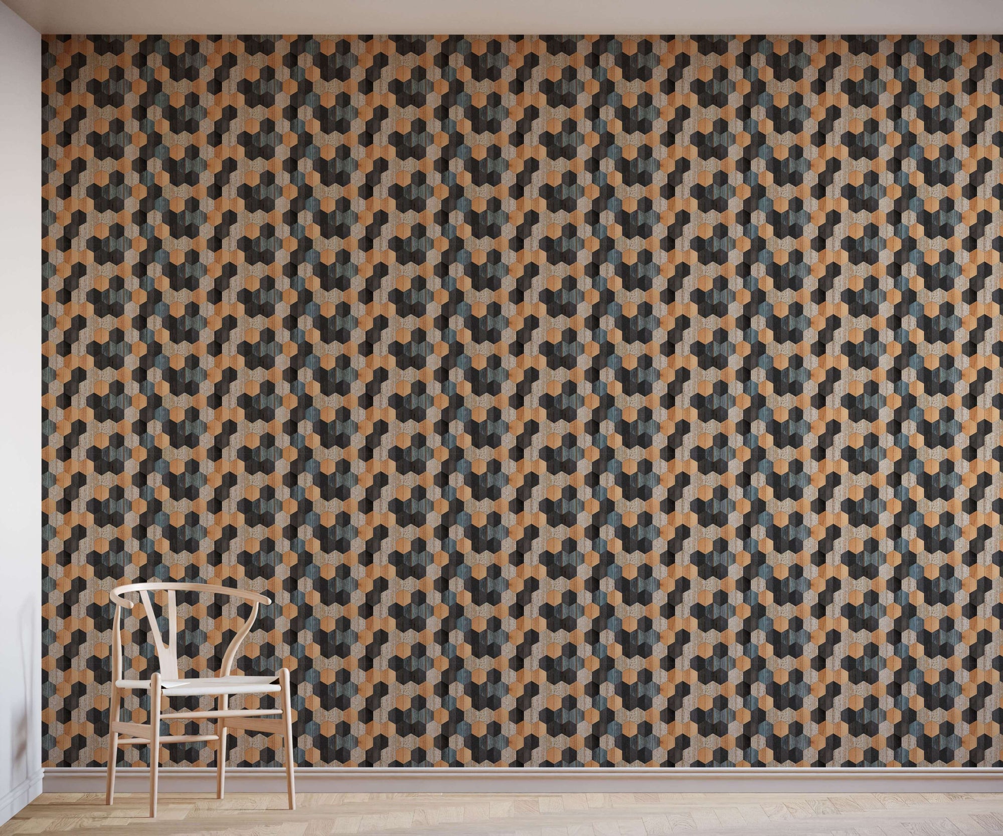 Neville Geometric Wallpaper with Faux Wood Texture