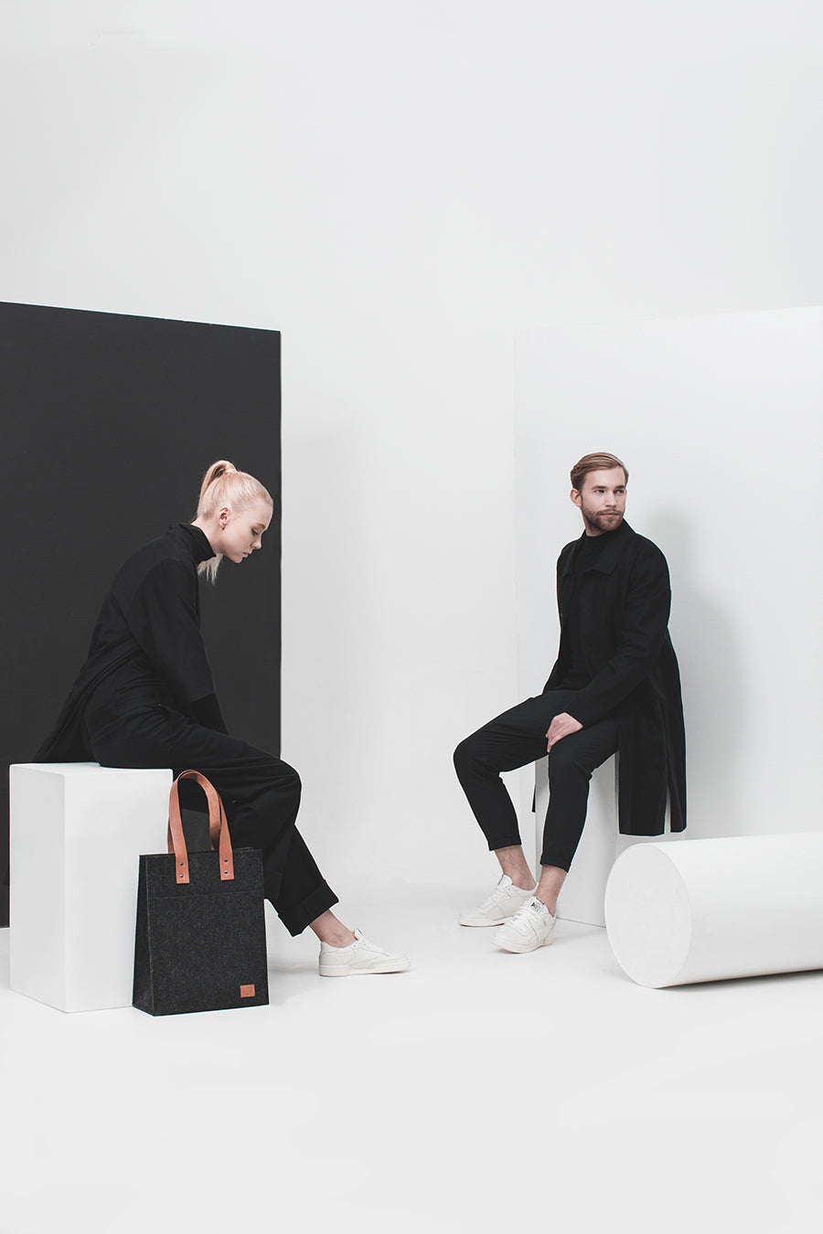 Black Felt Tote Bag with Leather Detail