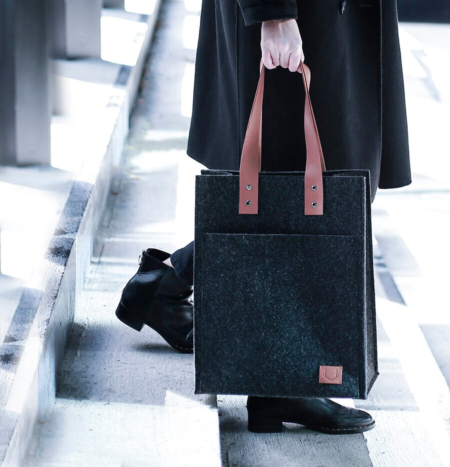 Black Felt Tote Bag with Leather Detail