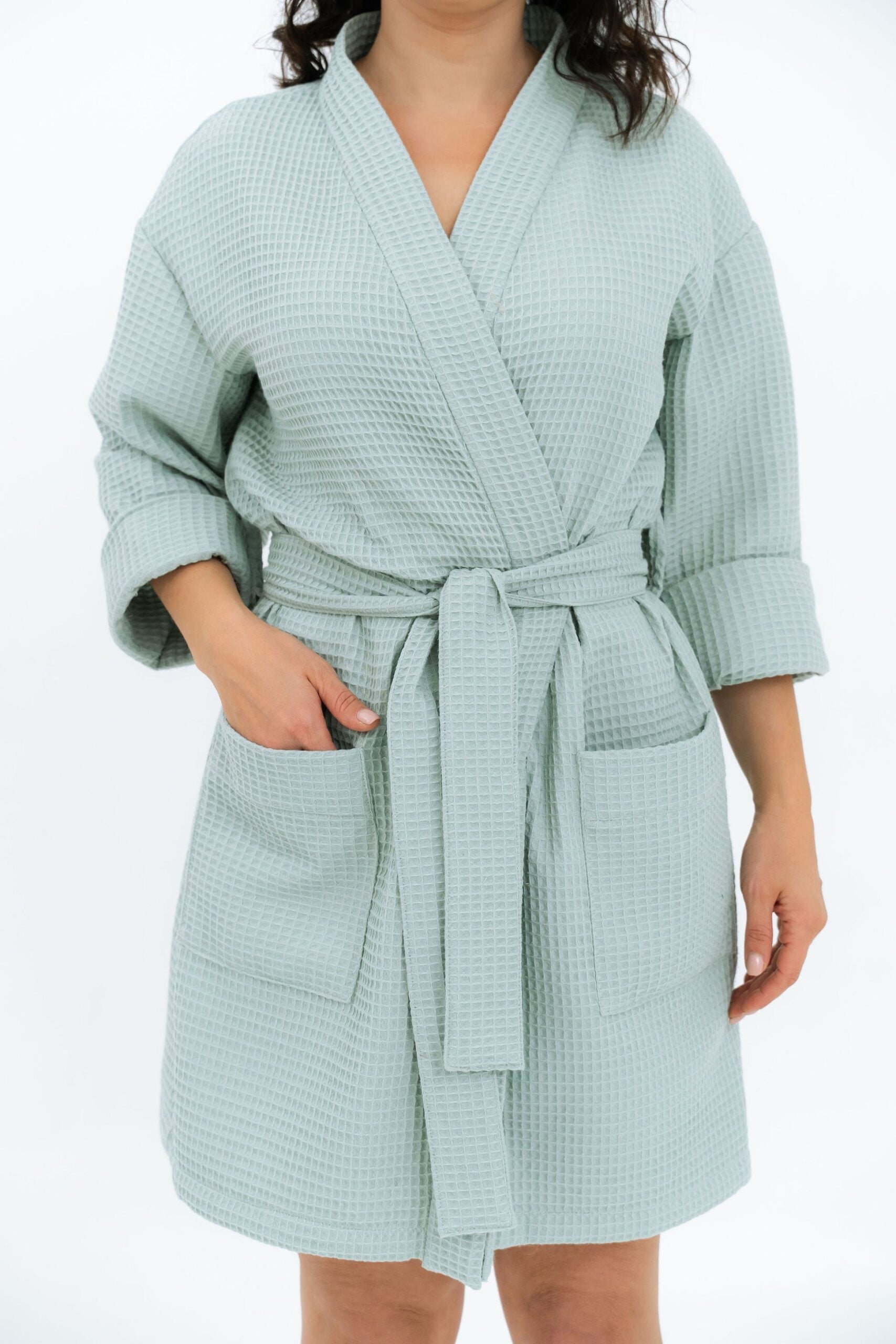 Short Waffle Cotton Robe for Women