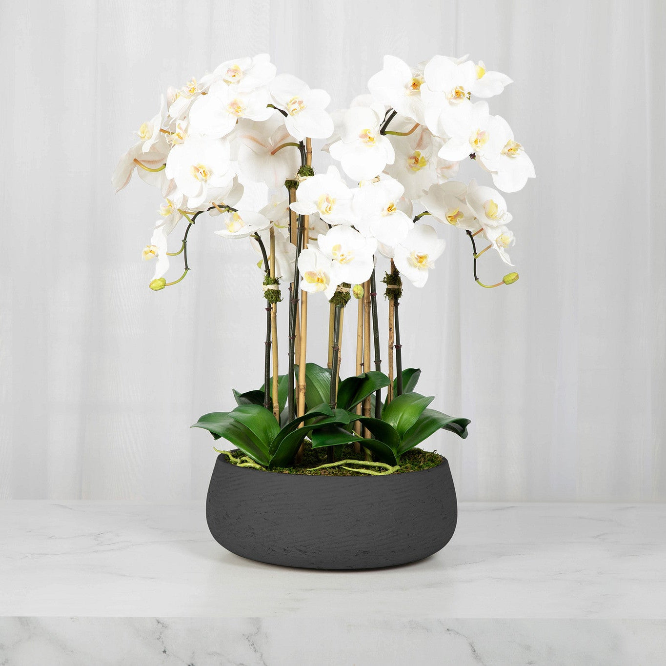 Faux White Orchid Arrangement in Matte Black Planter