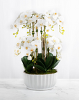 Faux orchid centerpiece in white vase