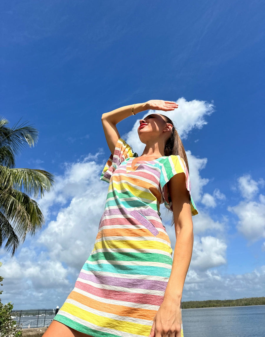 Premium lightweight cotton rainbow shift dress with A-line silhouette, volume sleeves, and hidden pockets by GILD at brixbailey.com
