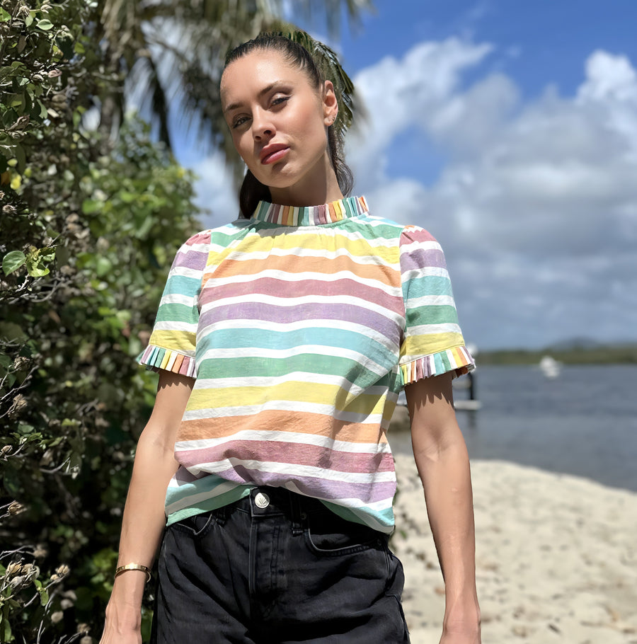 Luxury rainbow stripe puff shoulder top, pleated neck and sleeve details, 100% cotton hand-loomed statement blouse by GILD at brixbailey.com