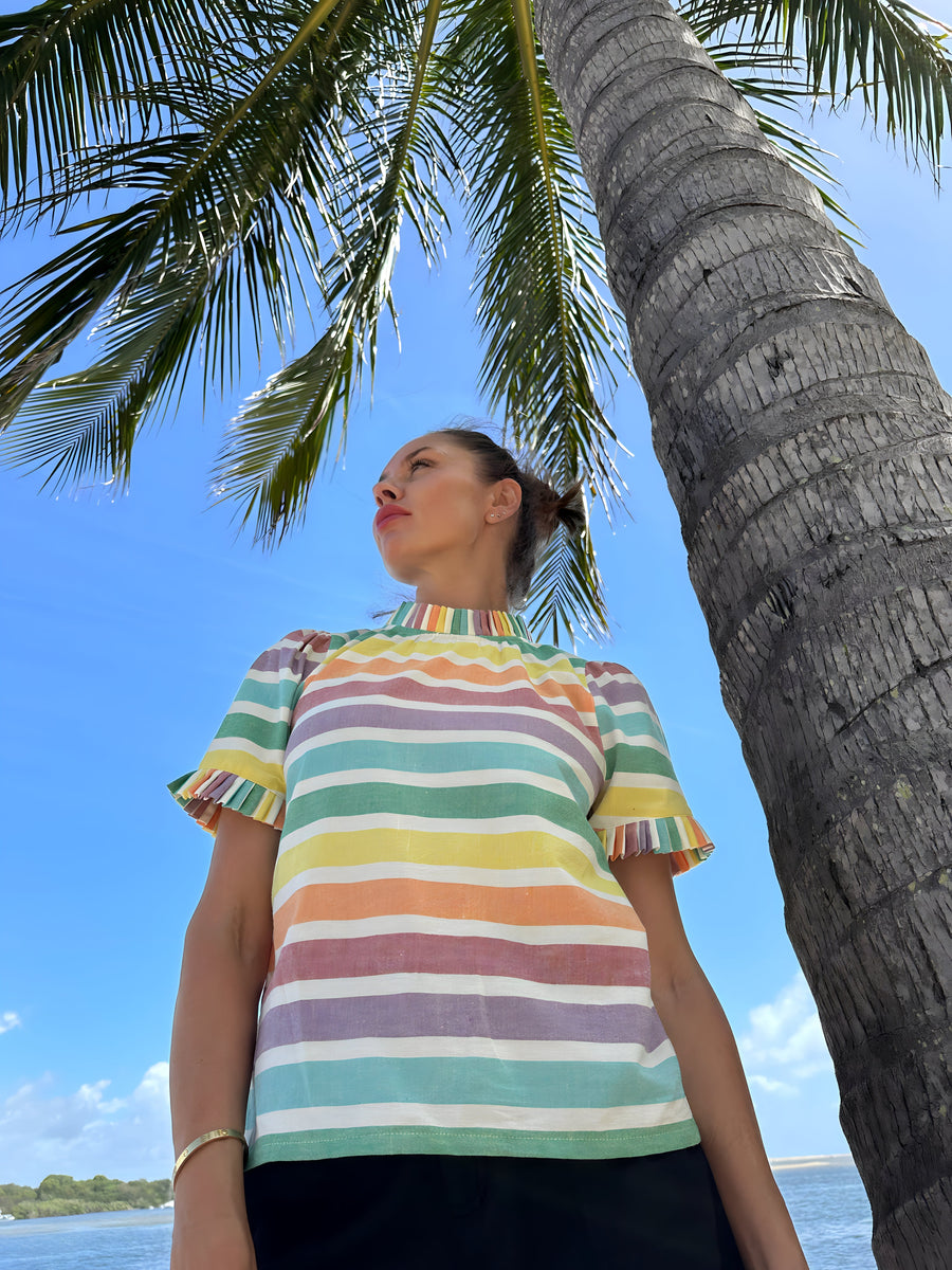 Luxury rainbow stripe puff shoulder top with pleated neck, hand-loomed cotton, stylish statement design by GILD at brixbailey.com