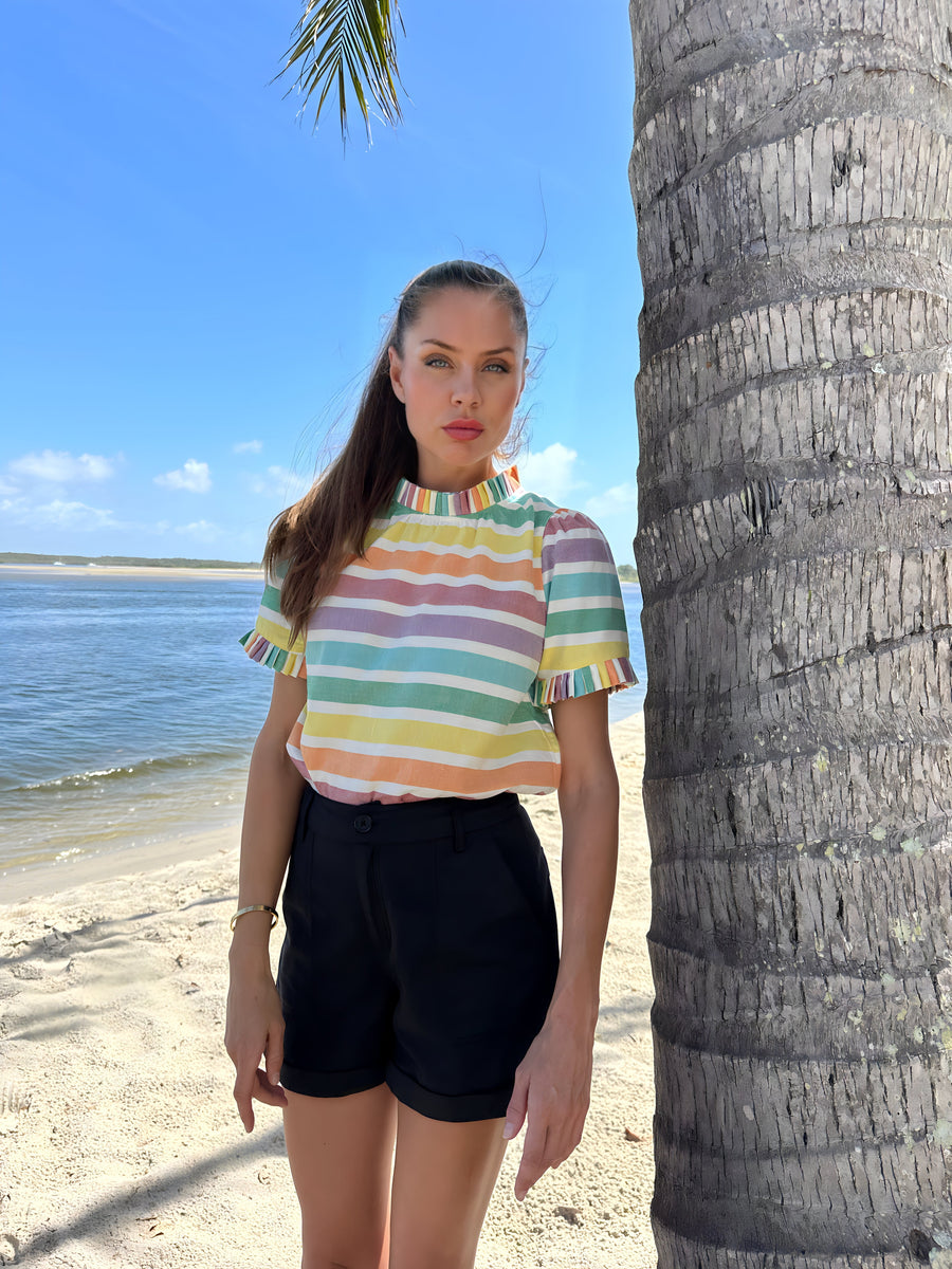 Premium puff shoulder top with pleated neck, vibrant rainbow stripes, 100% cotton, stylish and trending by GILD at brixbailey.com