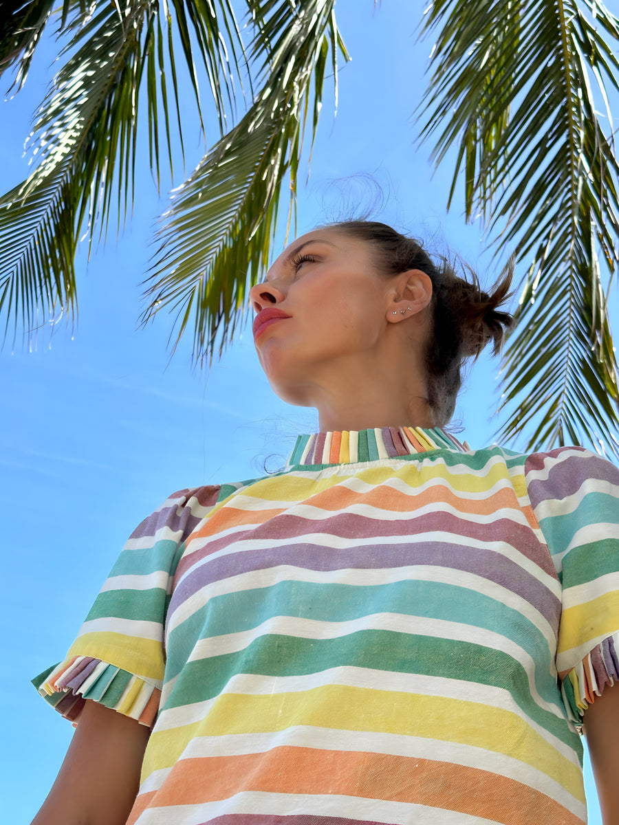 Luxury rainbow stripe puff shoulder top with pleated neck, hand-loomed cotton, stylish statement design by GILD at brixbailey.com