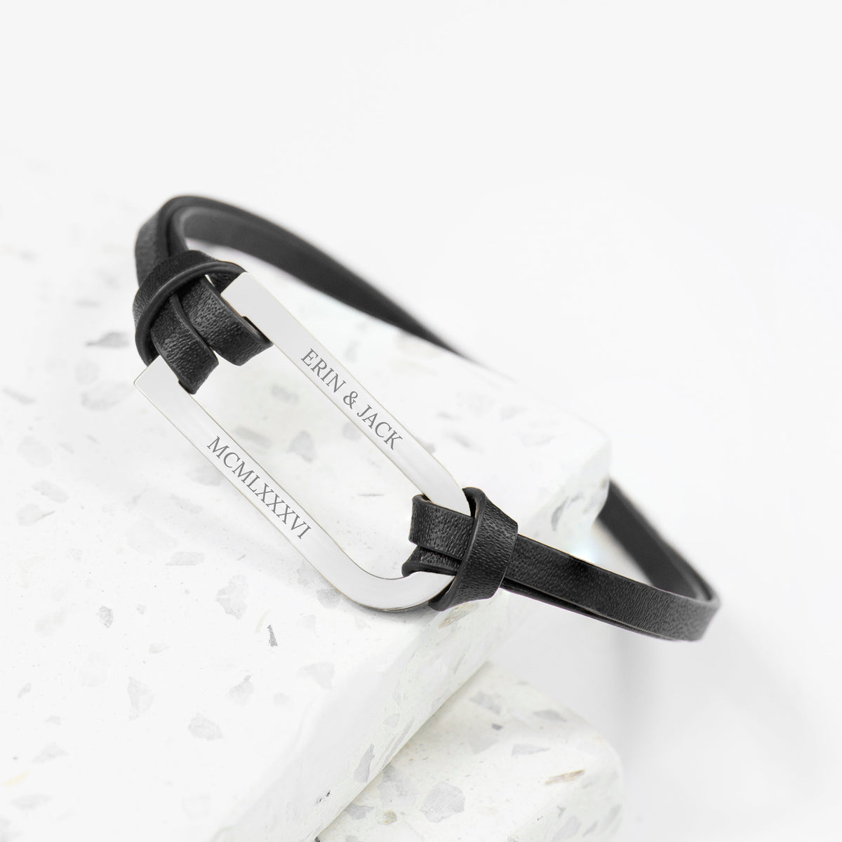 Personalised Men's Shoreditch Silver Bar Black Leather Bracelet