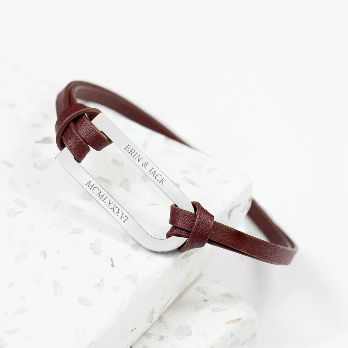 Personalised Men's Shoreditch Silver Bar Brown Leather Bracelet