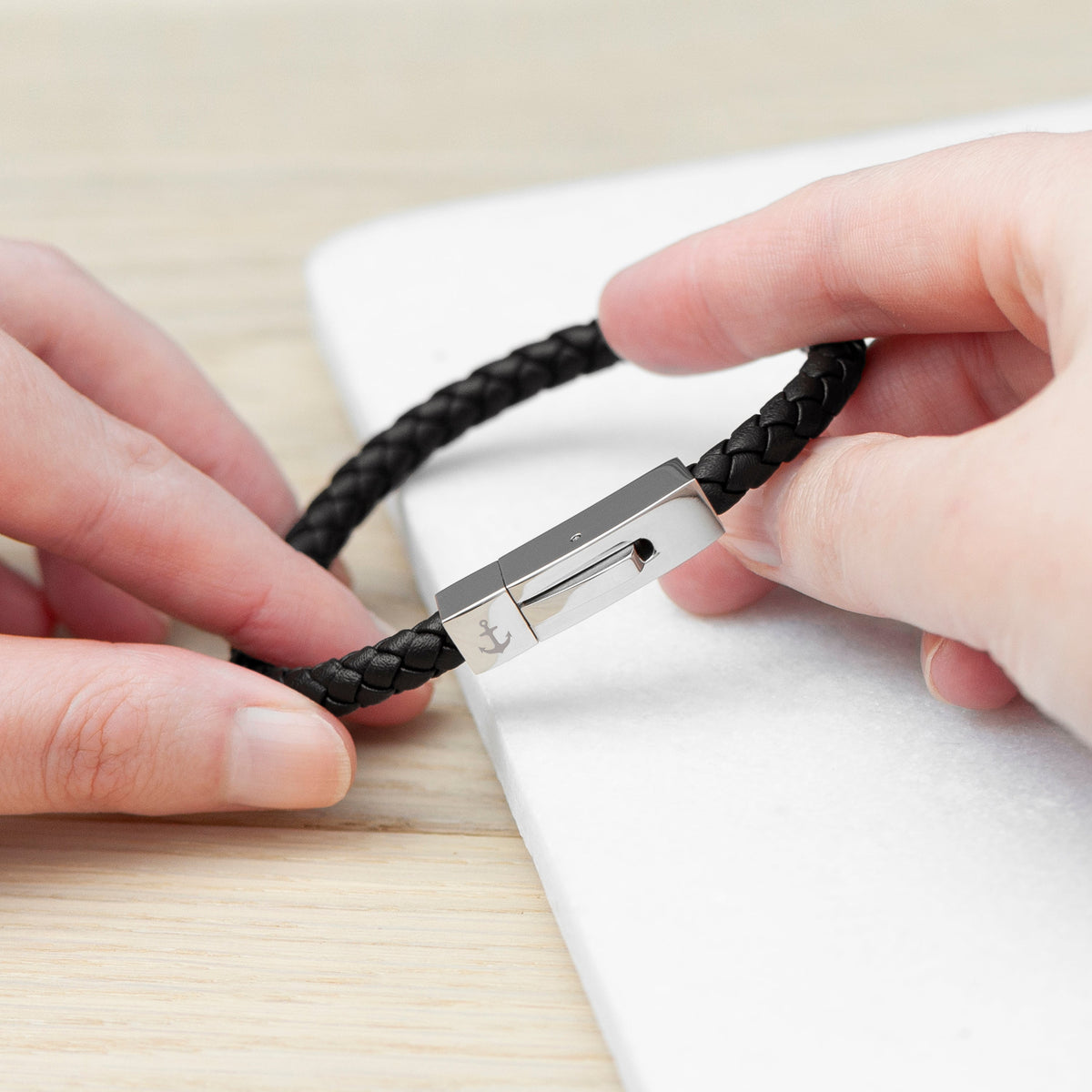 Personalised Men's Leather Anchor Bracelet With Tube Clasp