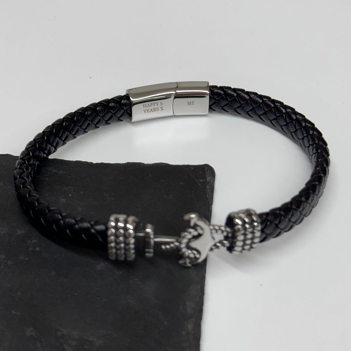 Personalised Men's Woven Leather Anchor Bracelet