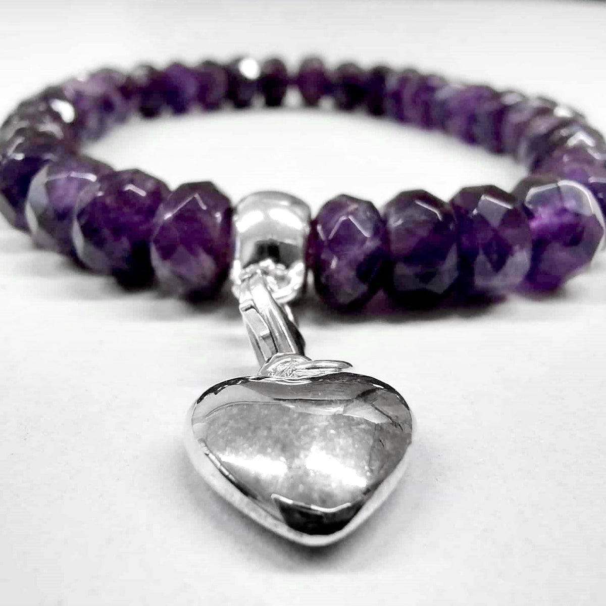 Amethyst Beaded Bracelet with Sterling Silver Heart Charm