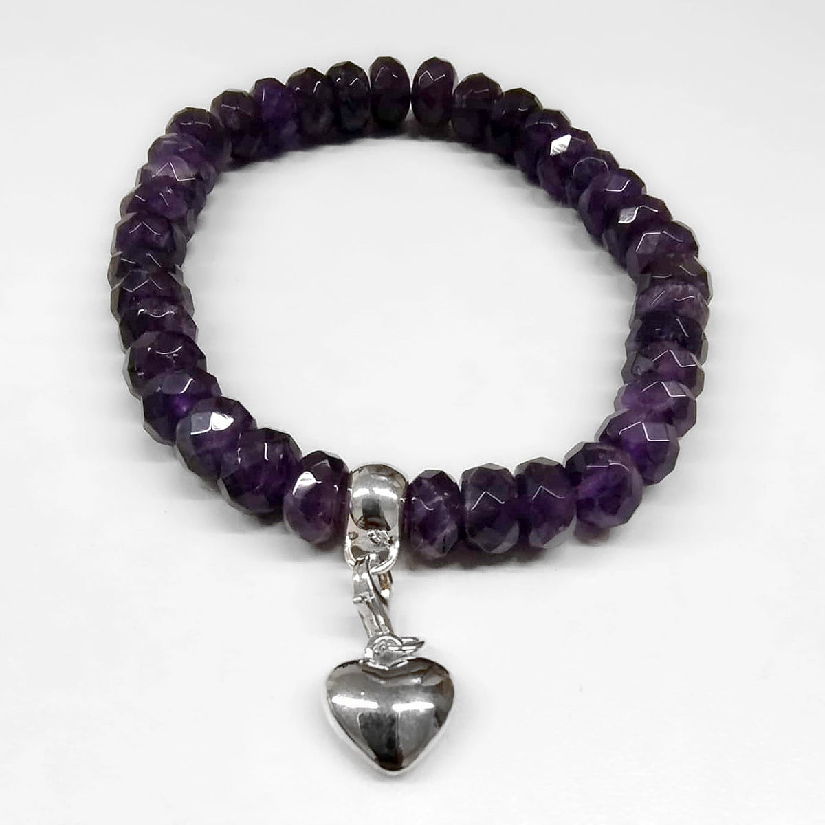 Amethyst Beaded Bracelet with Sterling Silver Heart Charm