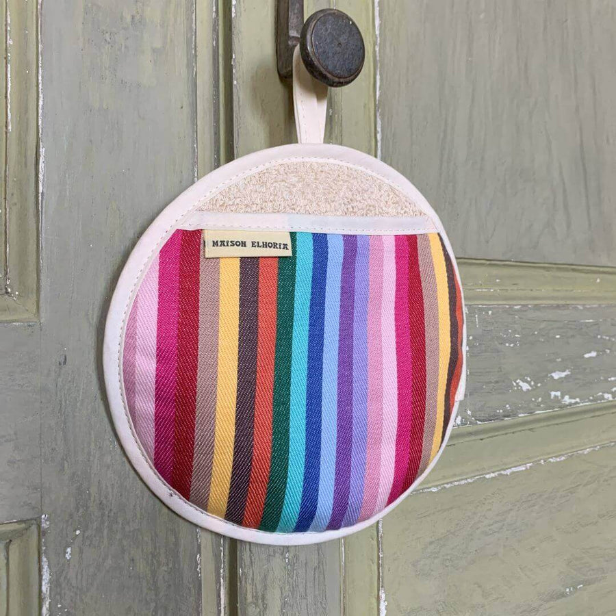 Rainbow pot grab, round oven glove, best-selling heat-resistant handcrafted UK-made kitchen accessory for hot pots by Maison Elhoria at brixbailey.com