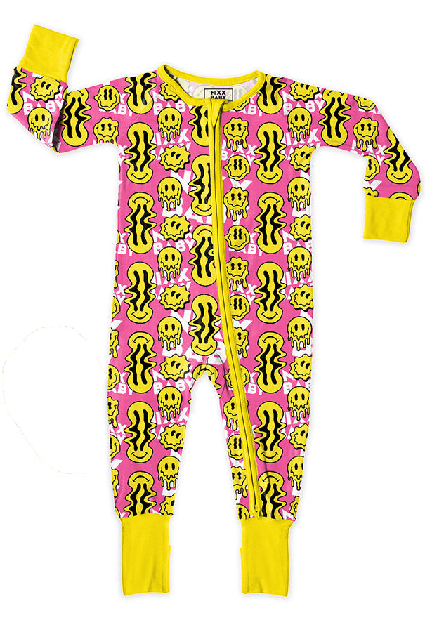 Trippy Smiles Pink Bamboo Zip Onesie - Soft Stretch Sleeper for Baby Girls by NIXX BABY at brixbailey.com