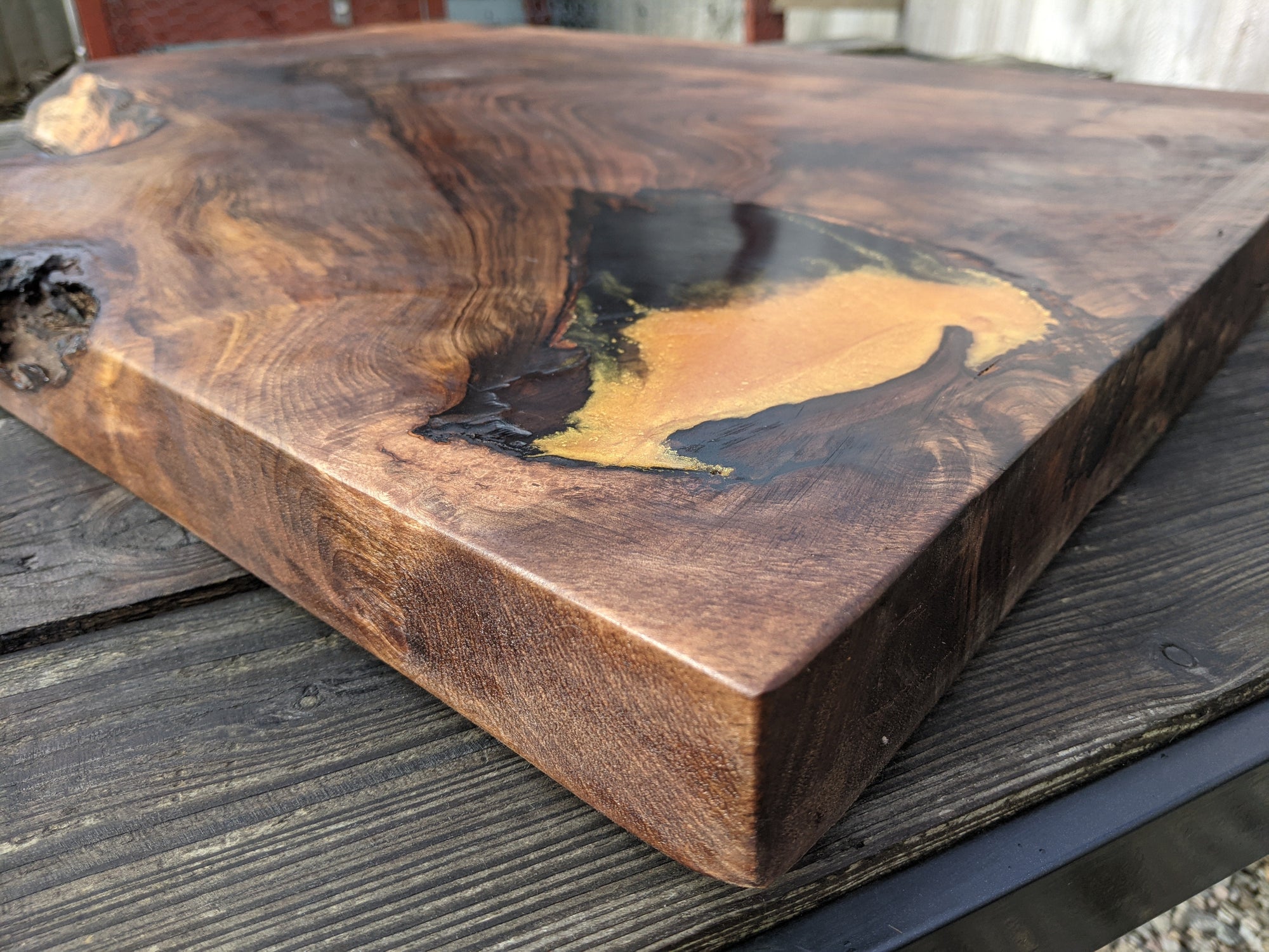 Walnut and Gold Black Epoxy Resin Side Table