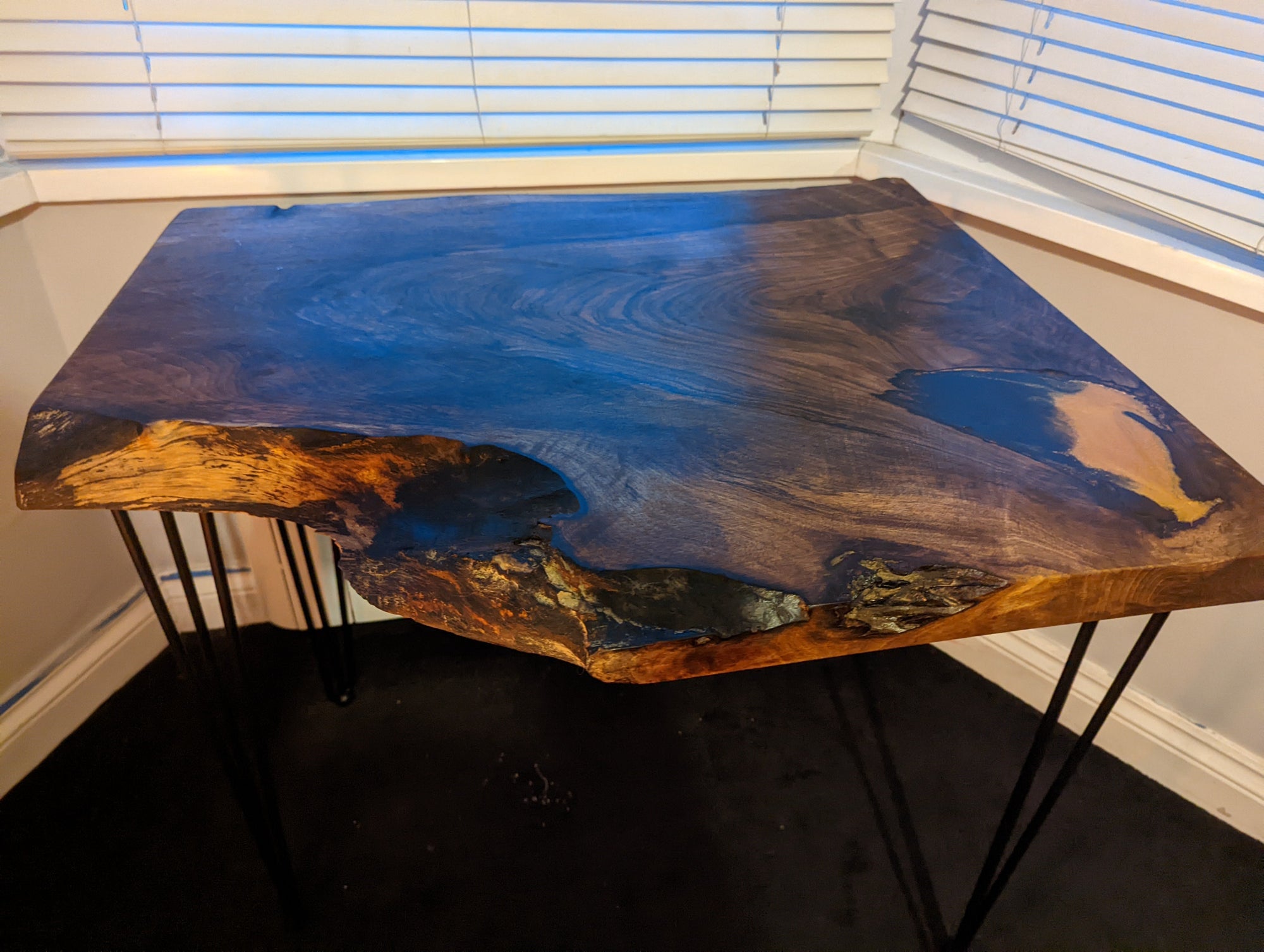 Walnut and Gold Black Epoxy Resin Side Table