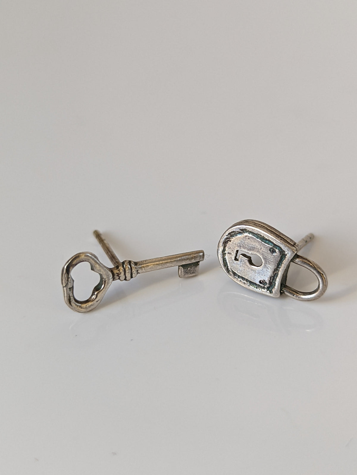 Silver Steed Lock and Key Stud Earrings