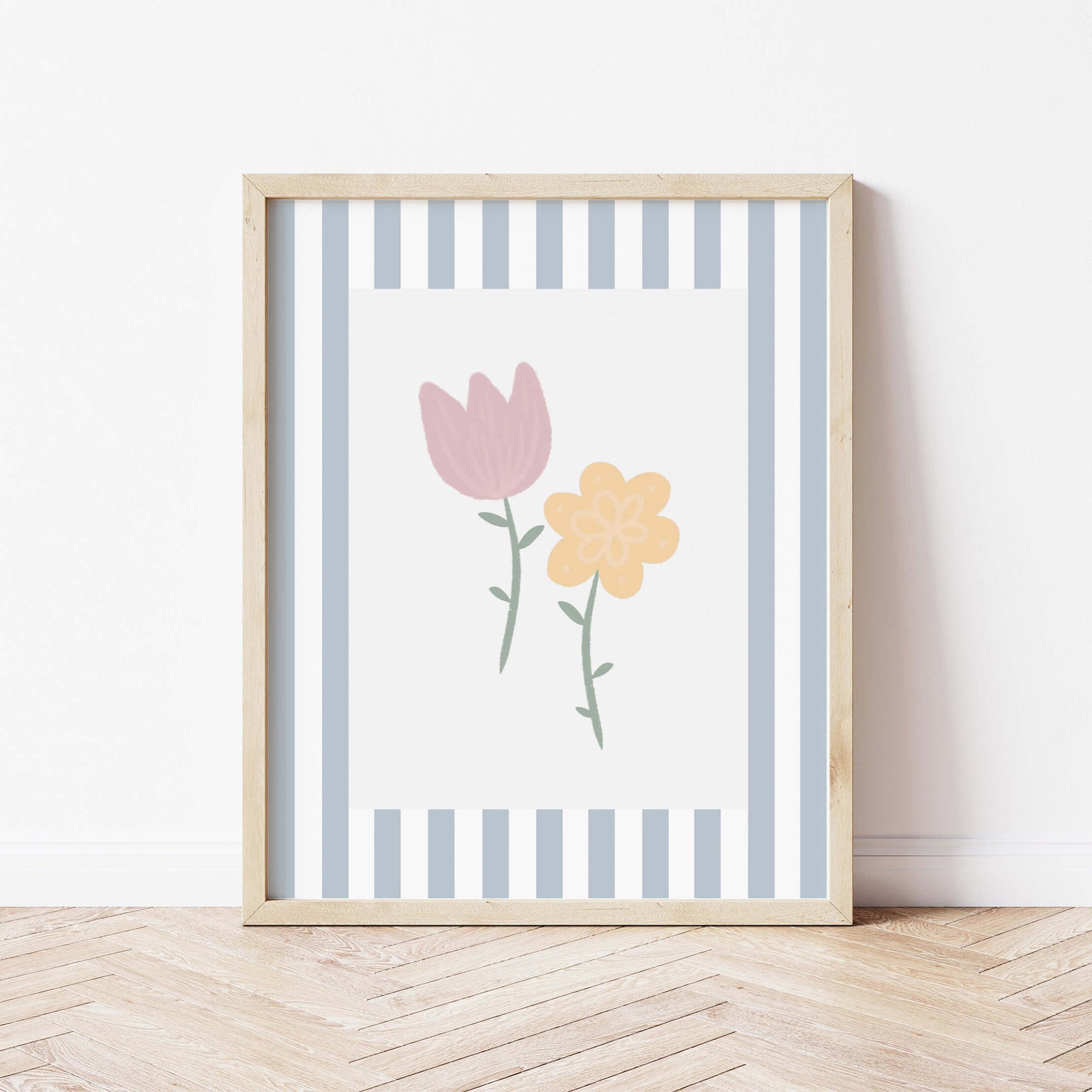 Flowers Print - Pale Blue Stripes