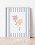 Flowers Print - Pale Blue Stripes