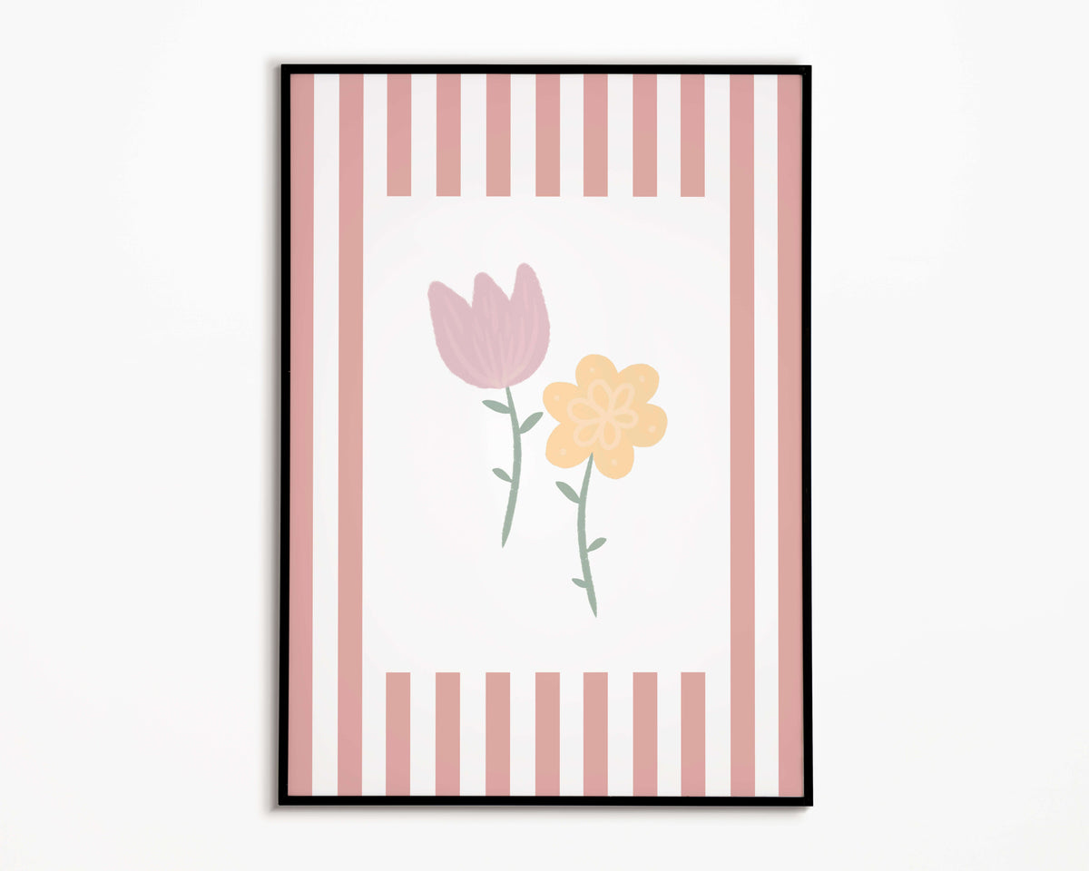 Flowers Print - Pale Red Stripes