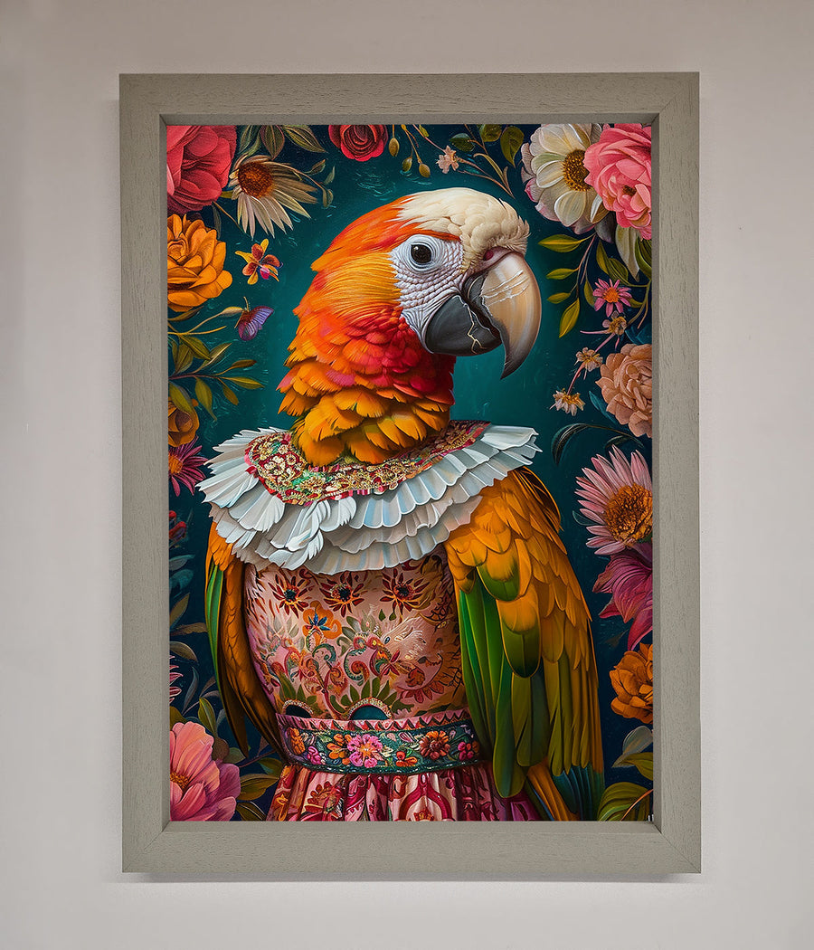 Luxury parrot renaissance stare framed wall art, premium classic elegant vibrant color decor, stylish handcrafted customizable artwork by Zestio at brixbailey.com